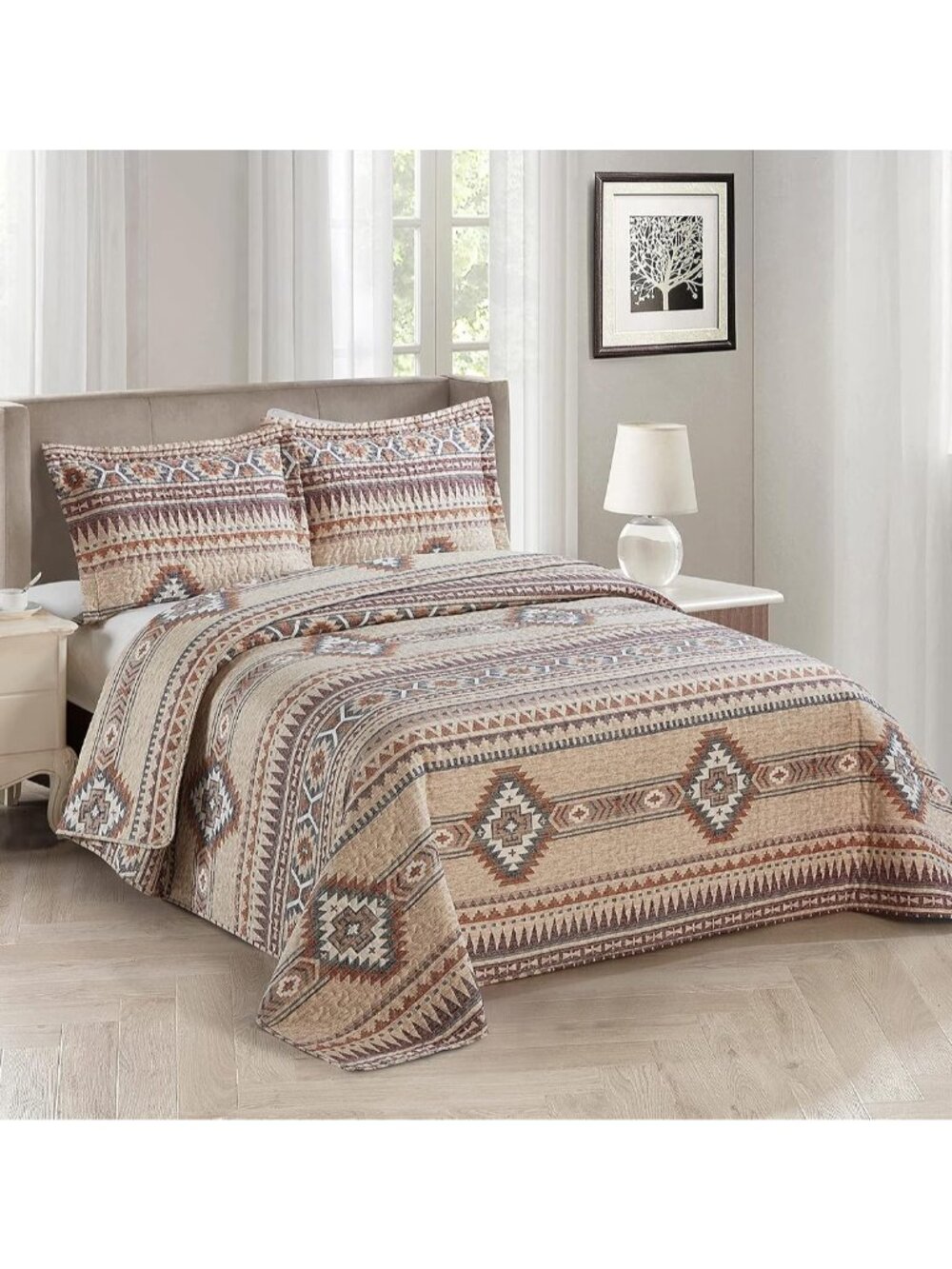 Rustic Southwest Quilted Western Bedspread Bedding Set in Brown Beige Taupe Char